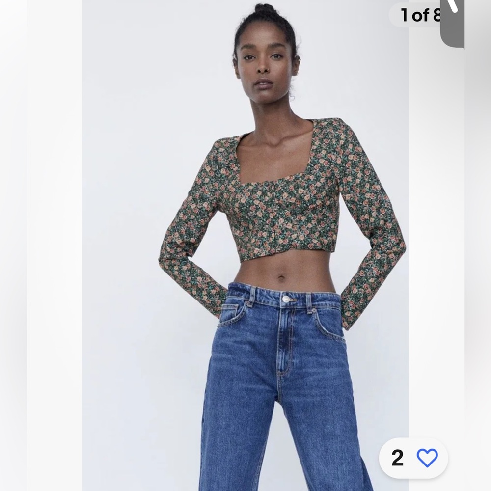 Zara New With Tags Long Sleeve Floral Crop Top. Size S